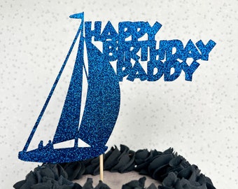 Sail Boat Personalised Custom Glitter Happy Birthday Cake Topper Party Decoration Beach