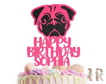 Pug personalizado Glitter Happy Birthday Cake Topper Party Decoration