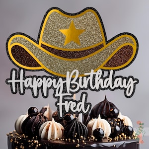 Cappello da cowboy personalizzato glitterato Happy Birthday Cake Topper decorazione per feste
