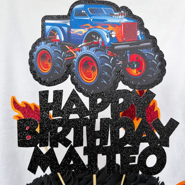 Monster Truck Personalised Custom Glitter Happy Birthday Cake Topper Party Decoration