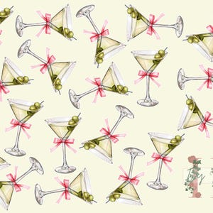 Peut inclure: Un motif sans couture de verres à martini aquarelle avec des olives vertes et des nœuds roses sur un fond jaune clair.