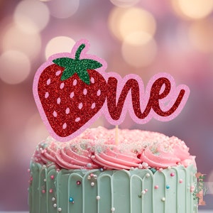 One Strawberry Berry First Birthday Glitter Cake Topper Party Decoration