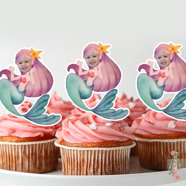 Mermaid Face Personalised Photo  Cupcake Toppers Birthday Party Decoration Custom Image