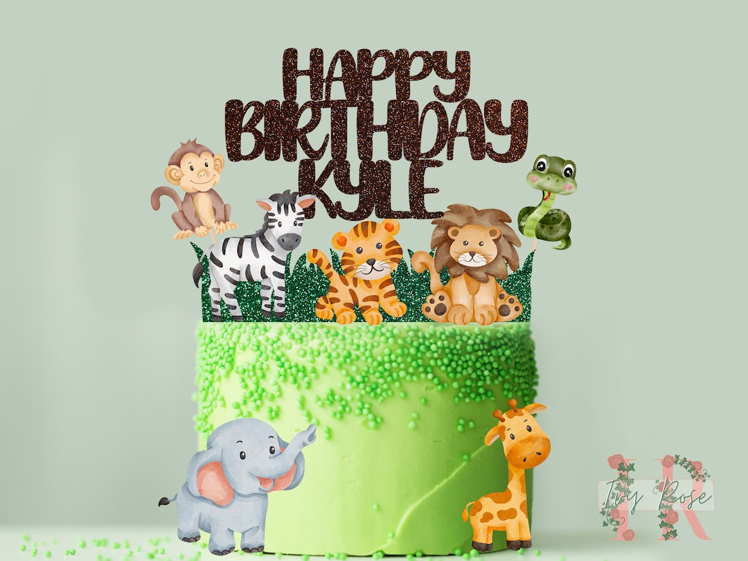 Jungle Animals Cake Topper Set Personalised Custom Glitter Happy ...