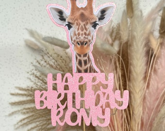 Giraffe Personalised Custom Glitter Happy Birthday Cake Topper Party Decoration