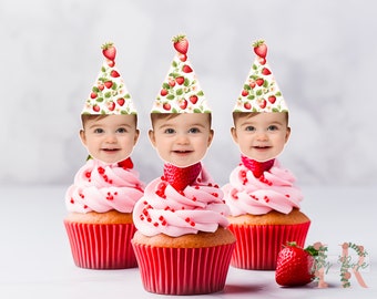 Personalised Photo Strawberry Cupcake Toppers Birthday Party Decoration Custom Image Berry First