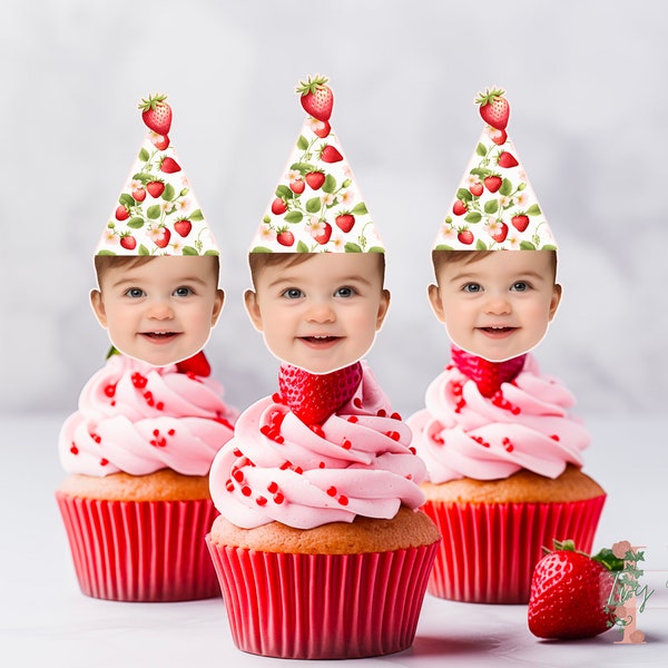 Personalised Photo Strawberry Cupcake Toppers Birthday Party Decoration Custom Image Berry First