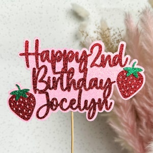Decoração de festa de bolo de feliz aniversário com glitter personalizado de morango
