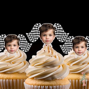 Personalised Photo Racing Flags Face Cupcake Toppers Birthday Party Decoration Custom Image Head