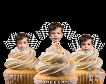 Personalised Photo Racing Flags Face Cupcake Toppers Birthday Party Decoration Custom Image Head