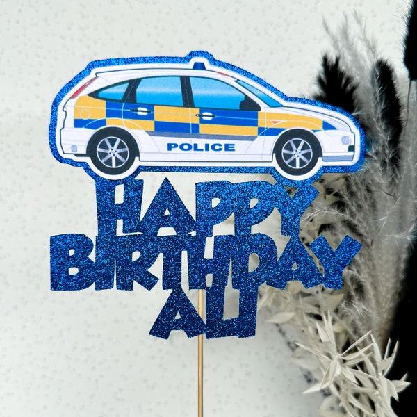Decorazione per festa con topper per torta di buon compleanno personalizzata con glitter personalizzato per auto della polizia