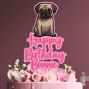 Pug Dog Double Layer Personalised Custom Glitter Happy Birthday Cake Topper Party Decoration