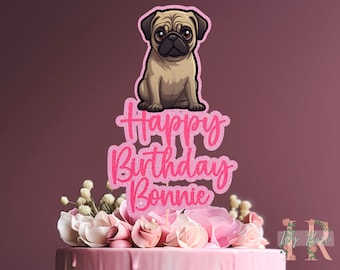 Pug Dog Double Layer Personalised Custom Glitter Happy Birthday Cake Topper Party Decoration