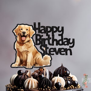 Golden Retriever Personalised Custom Glitter Happy Birthday Cake Topper Party Decoration Dog