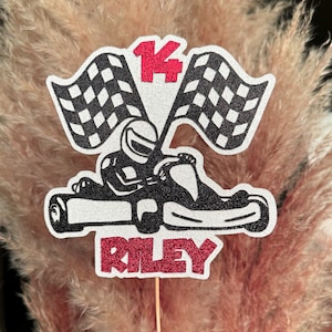 Go Kart Racing Flaggen personalisierte benutzerdefinierte Glitter Name Age Cake Topper Partydekoration