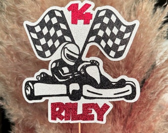 Go Kart Racing Flags Personalised Custom Glitter Name Age Cake Topper Party Decoration