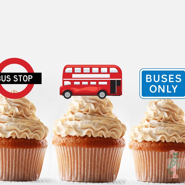 Bus rouge Cupcake Toppers décoration de fête anniversaire