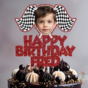 Photo Racing Flags Personalised Custom Glitter Happy Birthday Cake Topper Party Decoration