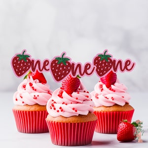 Strawberry One Glitter Cupcake Toppers Party Decoration Birthday