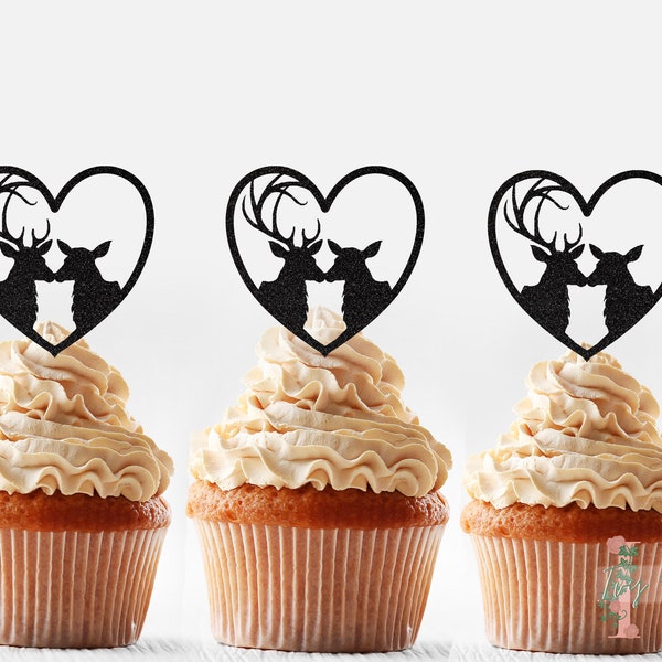 Buck and Doe Heart Glitter Cupcake Toppers Party Decoration Birthday Wedding