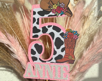 Cow Girl Flowers Name Age Personalised Custom Glitter Happy Birthday Cake Topper Party Decoration