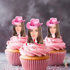 Chapéu de Cowgirl Rosa Personalizado com Rosto e Topo de Cupcake, Decoração para Festa de Aniversário