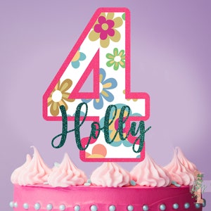 Flower Power Groovy  Name Age Personalised Custom Glitter Happy Birthday Cake Topper Party Decoration