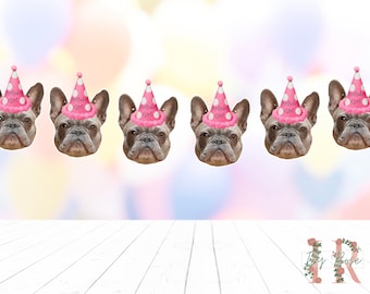 Puede incluir: Una pancarta con seis imágenes de Bulldogs franceses con gorros de fiesta rosas con lunares blancos. Los gorros dicen "Birthday Girl".