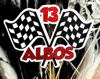 Racing Flags Personalised Custom Glitter Name Age  Cake Topper Party Decoration