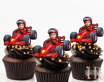 Personalised Photo Race Car Face Cupcake Toppers Birthday Party Decoration Custom Image Head