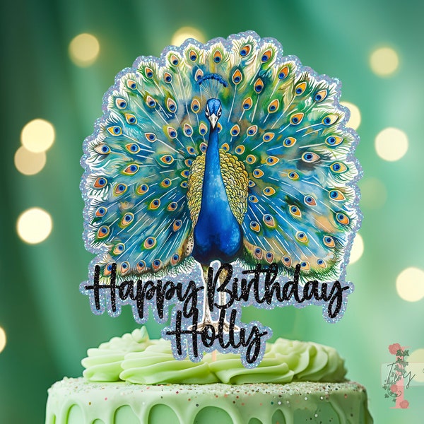 Peacock Personalised Custom Glitter Happy Birthday Cake Topper Party Decoration