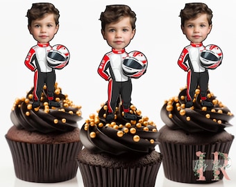 Personalised Photo Racing Driver Cupcake Toppers Birthday Party Decoration Custom Image