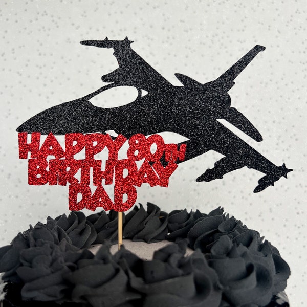 Fighter Jet Personalised Custom Glitter Happy Birthday Cake Topper Party Decoration Jet Plane Fighter