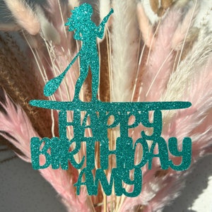 Paddle Boarding Personalised Custom Glitter Happy Birthday Cake Topper Party Decoration Beach SUP