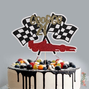 Auto da corsa personalizzata Glitter Torta di compleanno Topper Decorazione per feste Mens Teen Race Flag
