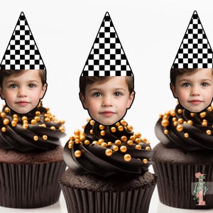 Personalised Photo Racing Flags Cupcake Toppers Birthday Party Decoration Custom Image