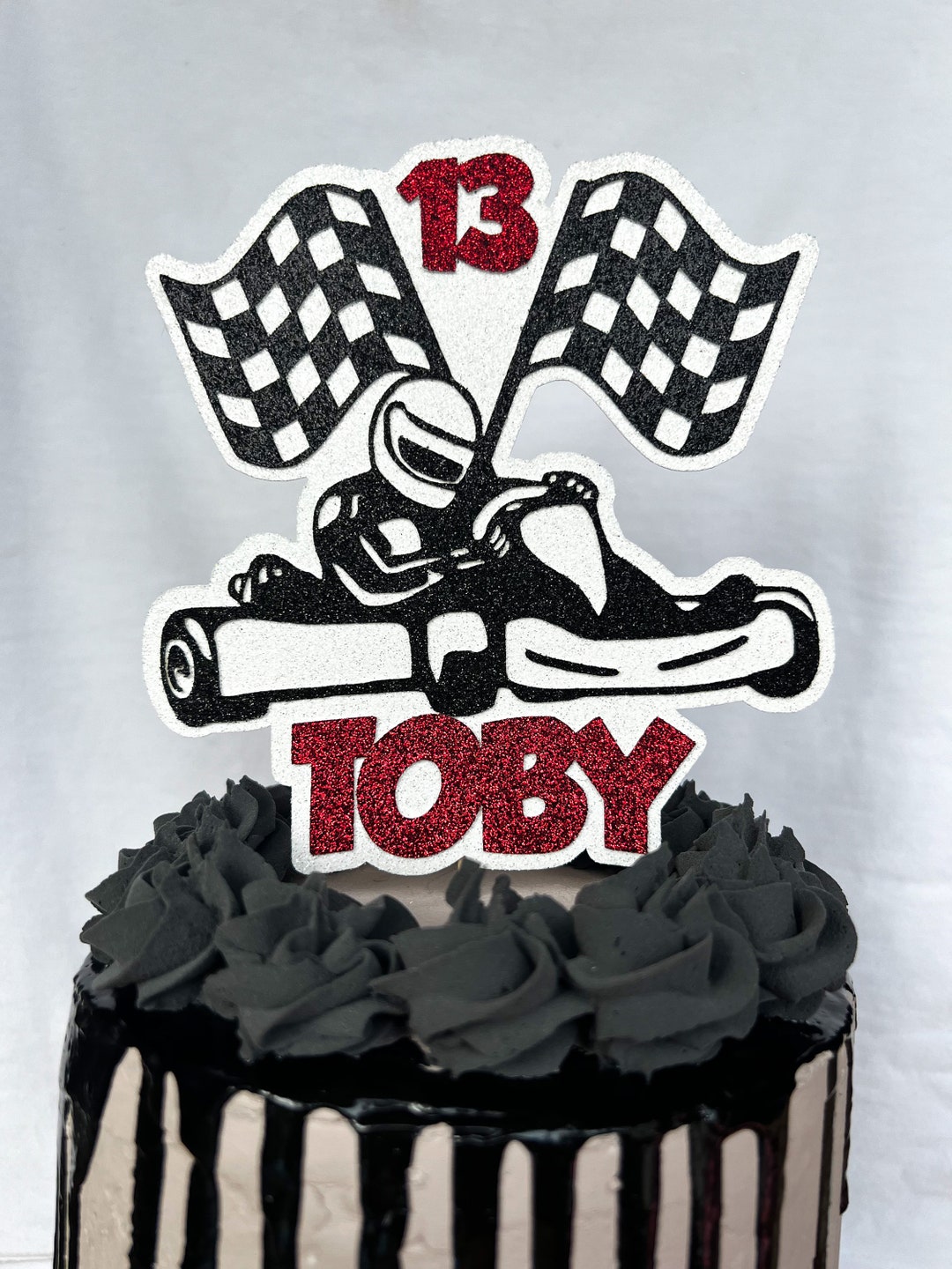 Go Kart Racing Flags Personalised Custom Glitter Name Age Cake Etsy