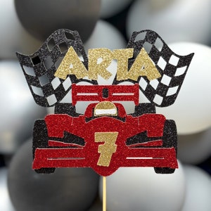 レースカーパーソナライズカスタムグリッター名前年齢ケーキトッパーパーティーデコレーション