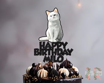White Cat Personalised Custom Glitter Happy Birthday Cake Topper Party Decoration