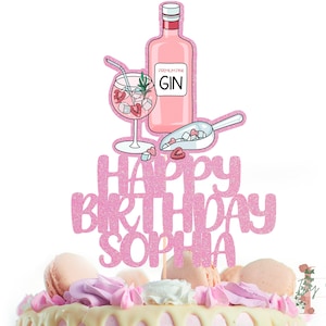 Pink Gin Personalised Custom Glitter Happy Birthday Cake Topper Party Decoration