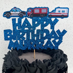 Emergency Services Vehicles Personalised Custom Glitter Name Age Cake Topper Party Decoration