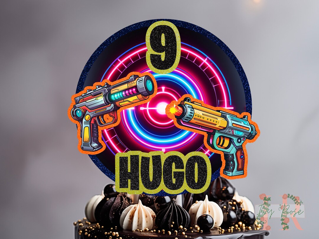 Laser Gun Name Age Personalised Custom Glitter Happy Birthday Cake
