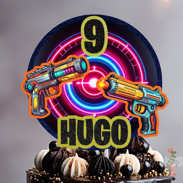 Laser Gun Name Age Personalised Custom Glitter Happy Birthday Cake Topper Party Decoration