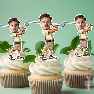 Personalised Photo Golf Face Cupcake Toppers Birthday Party Decoration Custom Image Head