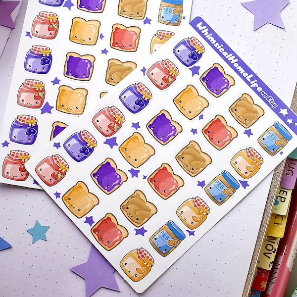 Peanut Butter and Jelly  Sticker Sheet - Removable Planner Bullet Journal Stickers - PB&J Sandwich Deco for Snack Time