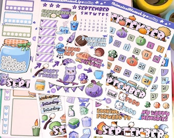 September Planner Sticker Set - September Monthly Journal Kit Stickers - Fall Holidays Apples, Smores & Pumpkins - Calendar Stickers