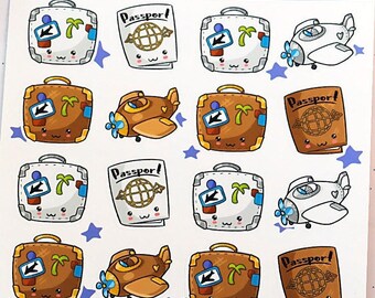Vintage Travel Sticker Sheet - Bullet Journal Stickers - Suitcase Passport Airplane Vacation Planner