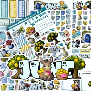 May include: A collection of colorful planner stickers with a June theme. The stickers feature illustrations of lemons, donkeys, trees, and calendar elements. The text "June" is prominently displayed, along with the text "WhimsicalHomeLife on Etsy".