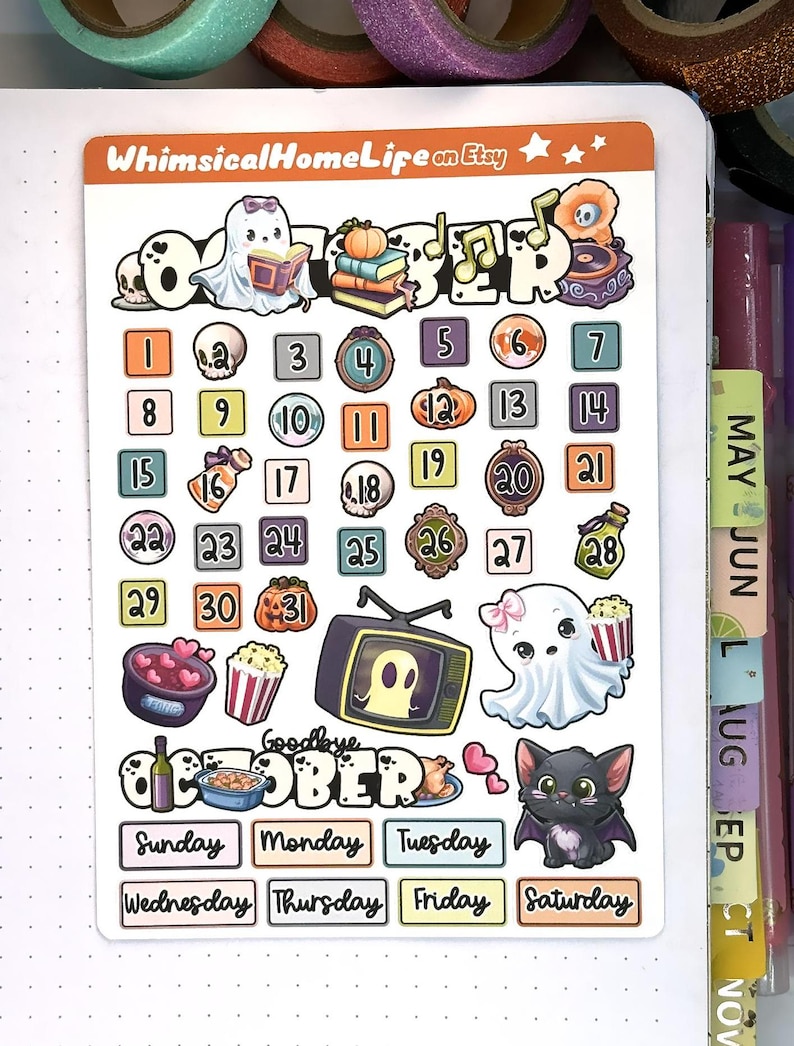 October monthly calendar stickers - tim burton theme with calendar icon stickers