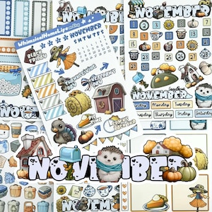 May include: A set of printable planner stickers featuring a November calendar, Thanksgiving and Veteran's Day themes, and cute illustrations of a hedgehog, a turkey, a pumpkin, and a house. The stickers are designed in a whimsical style with a blue and yellow color scheme.